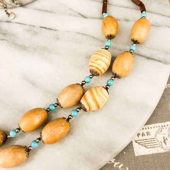 Liz Claiborne Wood Bead Necklace Brown Chunky 2 Strand Long Earthy Vintage 1990s - Picture 3 of 9